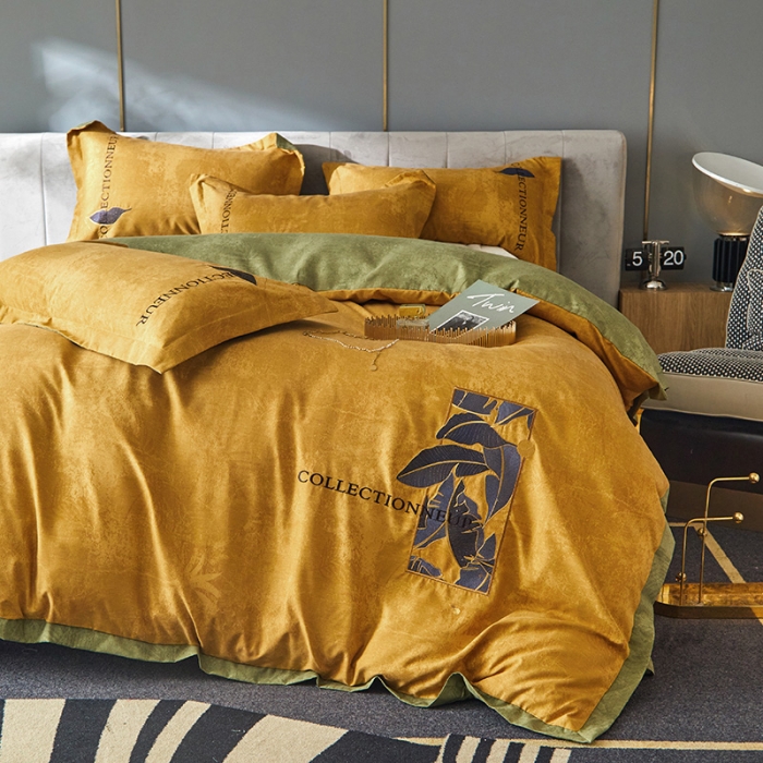 91家纺网 家纺一手货源 找家纺 凡客家居  2022新款阳绒磨毛刺绣博拉图系列四件套 博拉图-姜黄