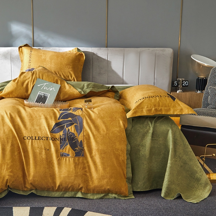 91家纺网 家纺一手货源 找家纺 凡客家居  2022新款阳绒磨毛刺绣博拉图系列四件套 博拉图-姜黄