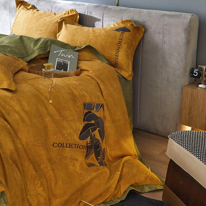 91家纺网 家纺一手货源 找家纺 凡客家居  2022新款阳绒磨毛刺绣博拉图系列四件套 博拉图-姜黄