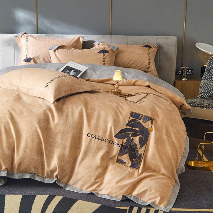 91家纺网 家纺一手货源 找家纺 凡客家居  2022新款阳绒磨毛刺绣博拉图系列四件套 博拉图-卡其