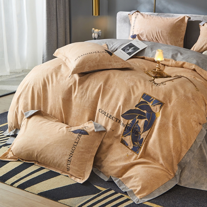 91家纺网 家纺一手货源 找家纺 凡客家居  2022新款阳绒磨毛刺绣博拉图系列四件套 博拉图-卡其