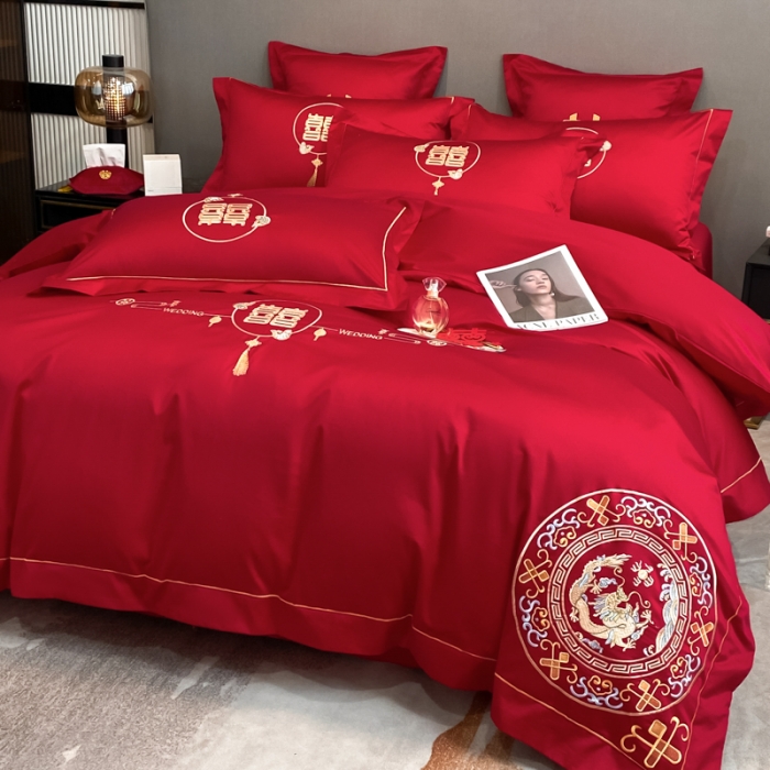 91家纺网 家纺一手货源 找家纺 欧乐蒂  2022新款亲肤棉刺绣婚庆四件套 龙凤呈祥