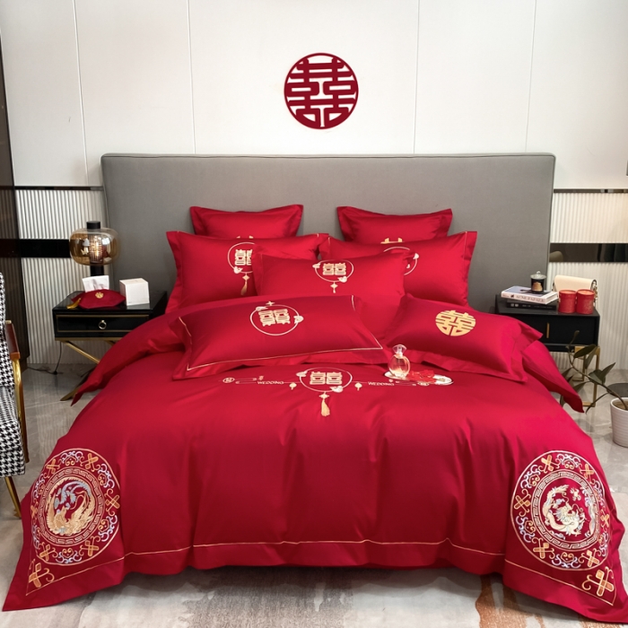 91家纺网 家纺一手货源 找家纺 欧乐蒂  2022新款亲肤棉刺绣婚庆四件套 龙凤呈祥