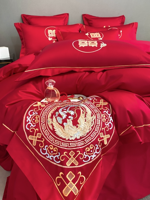 91家纺网 家纺一手货源 找家纺 欧乐蒂  2022新款亲肤棉刺绣婚庆四件套 龙凤呈祥