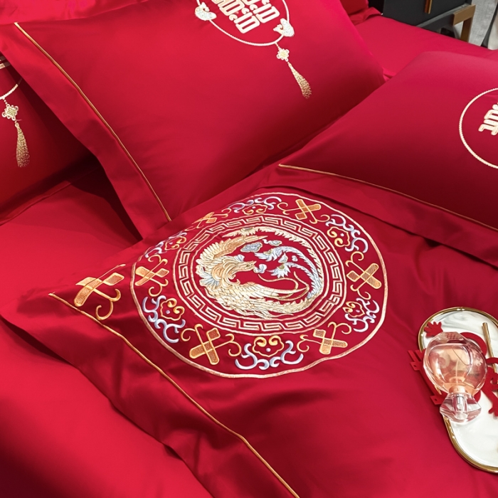 91家纺网 家纺一手货源 找家纺 欧乐蒂  2022新款亲肤棉刺绣婚庆四件套 龙凤呈祥