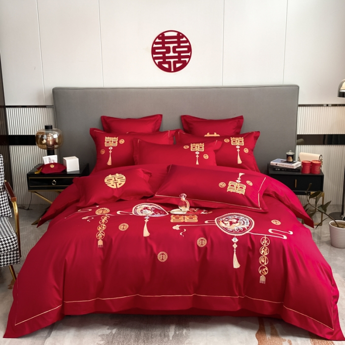 91家纺网 家纺一手货源 找家纺 欧乐蒂  2022新款亲肤棉刺绣婚庆四件套 龙凤情缘