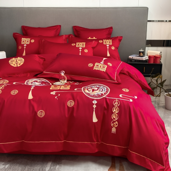 91家纺网 家纺一手货源 找家纺 欧乐蒂  2022新款亲肤棉刺绣婚庆四件套 龙凤情缘