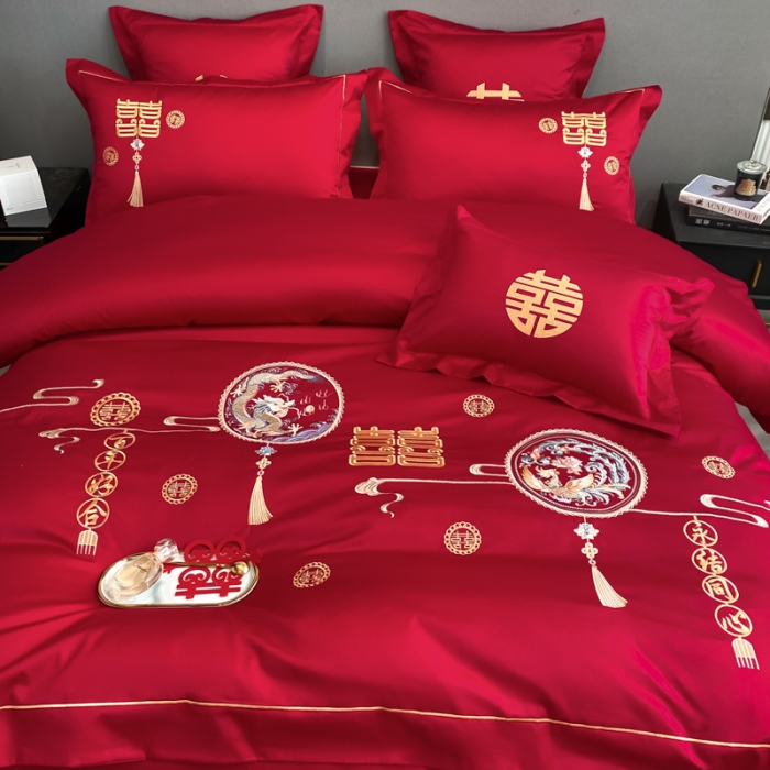 91家纺网 家纺一手货源 找家纺 欧乐蒂  2022新款亲肤棉刺绣婚庆四件套 龙凤情缘