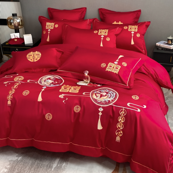 91家纺网 家纺一手货源 找家纺 欧乐蒂  2022新款亲肤棉刺绣婚庆四件套 龙凤情缘