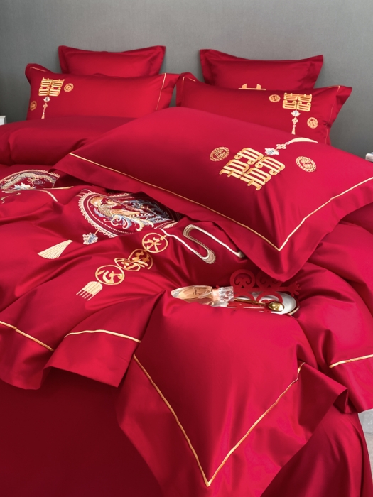 91家纺网 家纺一手货源 找家纺 欧乐蒂  2022新款亲肤棉刺绣婚庆四件套 龙凤情缘