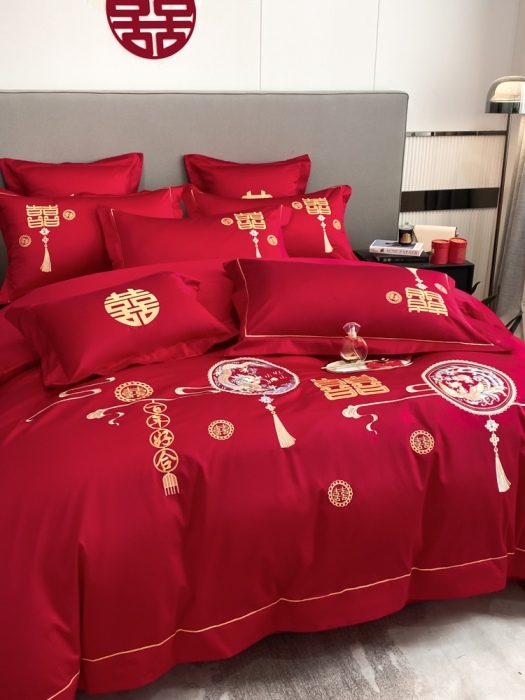 91家纺网 家纺一手货源 找家纺 欧乐蒂  2022新款亲肤棉刺绣婚庆四件套 龙凤情缘