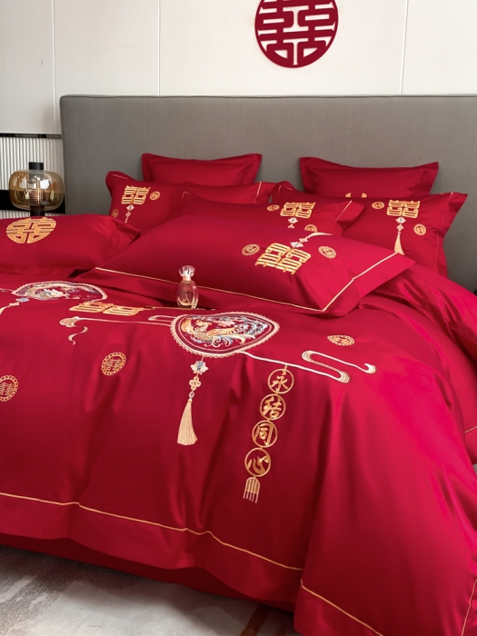 91家纺网 家纺一手货源 找家纺 欧乐蒂  2022新款亲肤棉刺绣婚庆四件套 龙凤情缘