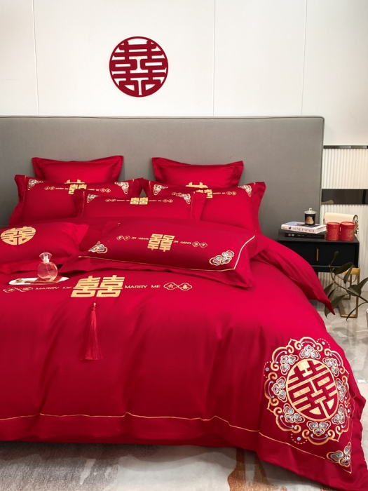 91家纺网 家纺一手货源 找家纺 欧乐蒂  2022新款亲肤棉刺绣婚庆四件套 双喜临门