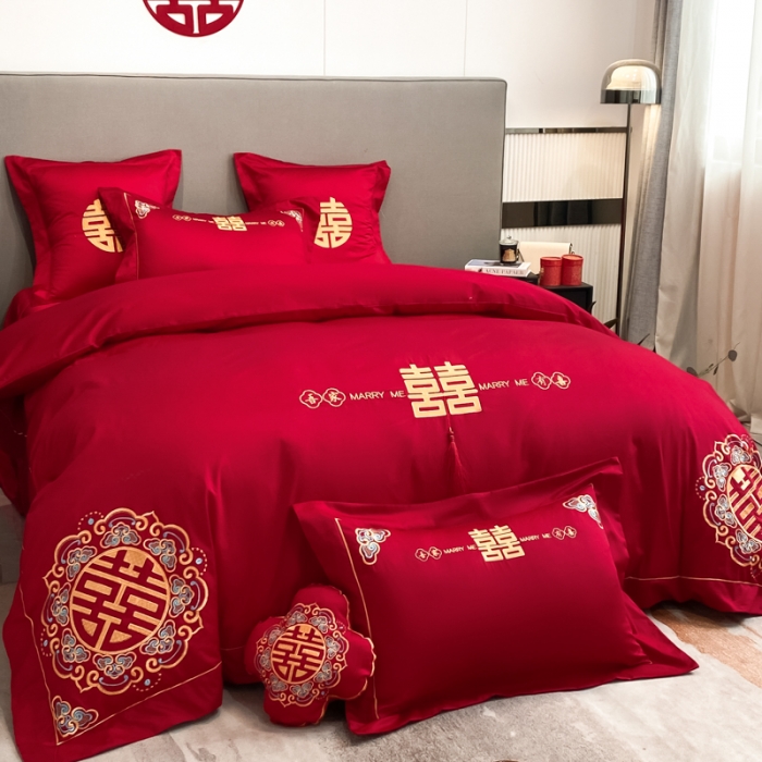 91家纺网 家纺一手货源 找家纺 欧乐蒂  2022新款亲肤棉刺绣婚庆四件套 双喜临门