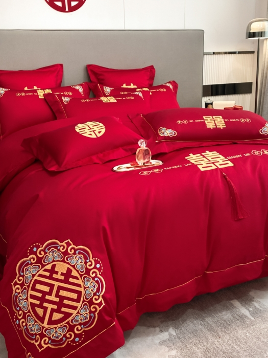 91家纺网 家纺一手货源 找家纺 欧乐蒂  2022新款亲肤棉刺绣婚庆四件套 双喜临门