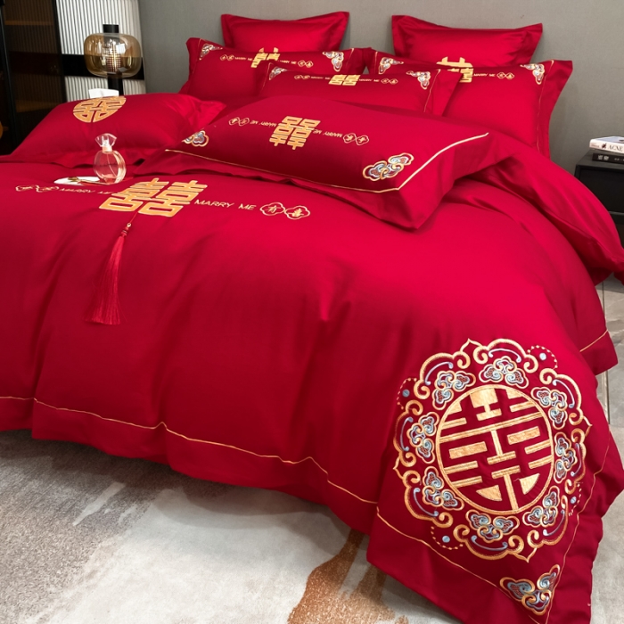 91家纺网 家纺一手货源 找家纺 欧乐蒂  2022新款亲肤棉刺绣婚庆四件套 双喜临门