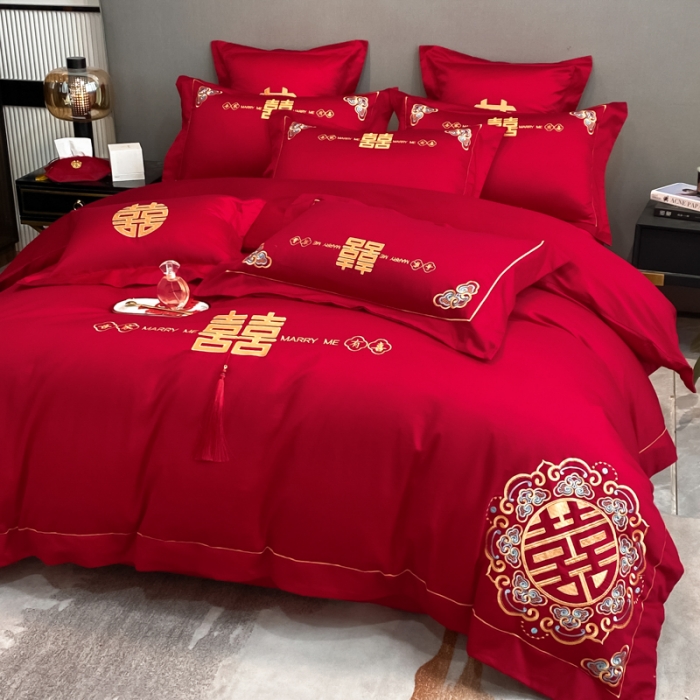 91家纺网 家纺一手货源 找家纺 欧乐蒂  2022新款亲肤棉刺绣婚庆四件套 双喜临门