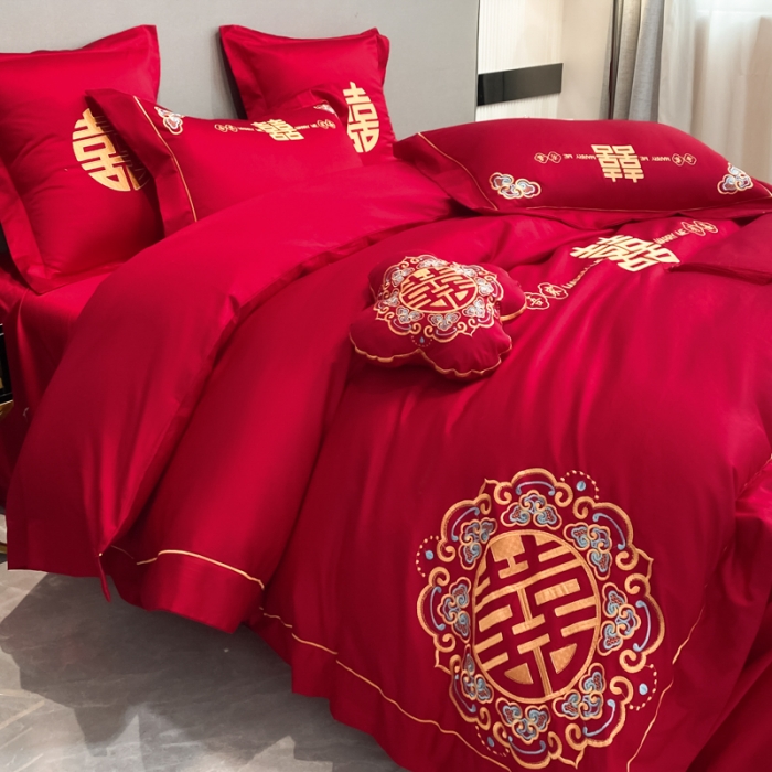 91家纺网 家纺一手货源 找家纺 欧乐蒂  2022新款亲肤棉刺绣婚庆四件套 双喜临门