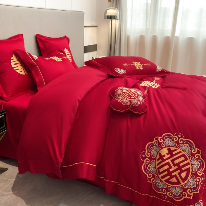 91家纺网 家纺一手货源 找家纺 欧乐蒂  2022新款亲肤棉刺绣婚庆四件套 双喜临门