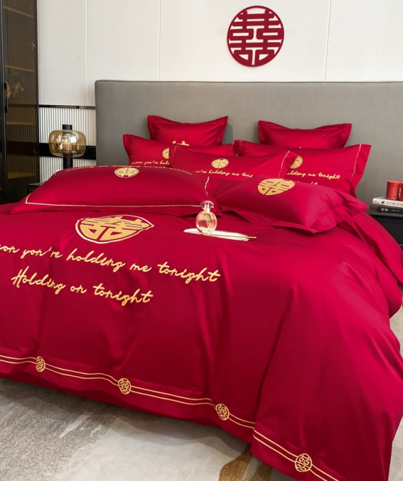 91家纺网 家纺一手货源 找家纺 欧乐蒂  2022新款亲肤棉刺绣婚庆四件套 甜蜜