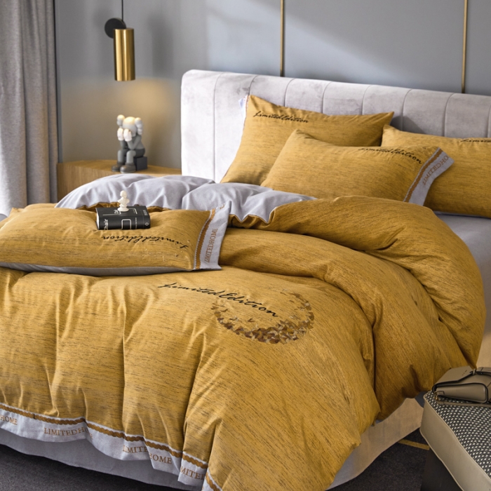 91家纺网 家纺一手货源 找家纺 凡客家居  2022新款阳绒磨毛刺绣卡曼系列四件套 卡曼-黄