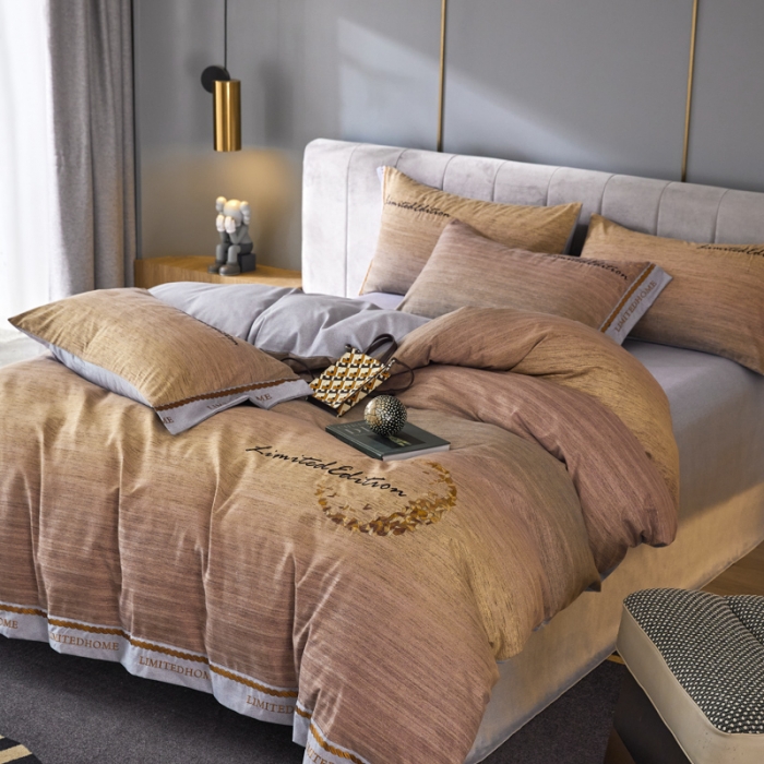 91家纺网 家纺一手货源 找家纺 凡客家居  2022新款阳绒磨毛刺绣卡曼系列四件套 卡曼-卡其