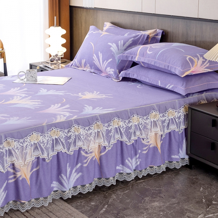 91家纺网 家纺一手货源 找家纺 纽缦 2022新款纯棉磨毛加厚系列-单床裙 城南花开-紫