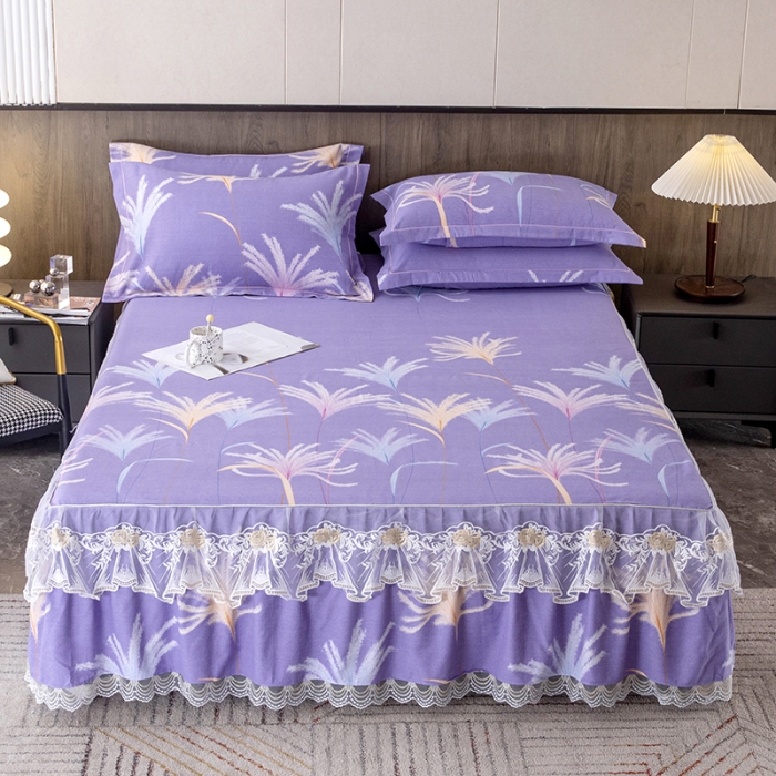 91家纺网 家纺一手货源 找家纺 纽缦 2022新款纯棉磨毛加厚系列-单床裙 城南花开-紫