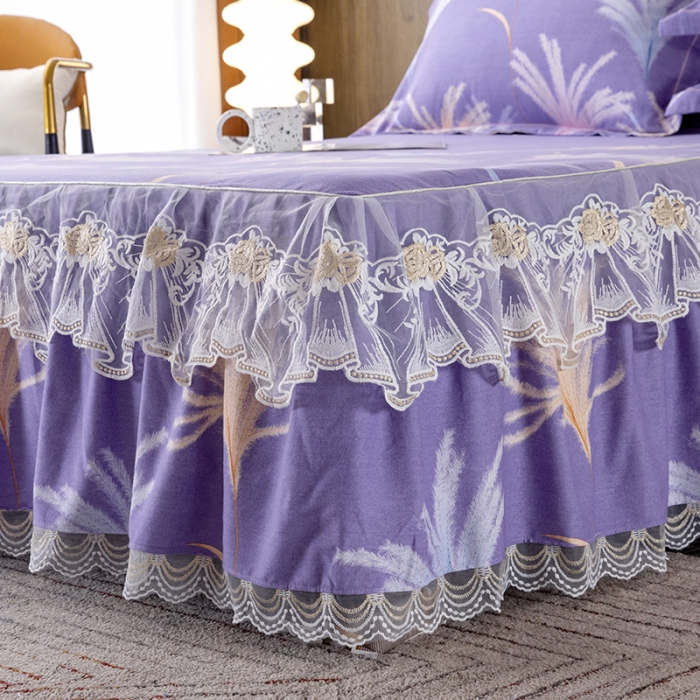 91家纺网 家纺一手货源 找家纺 纽缦 2022新款纯棉磨毛加厚系列-单床裙 城南花开-紫