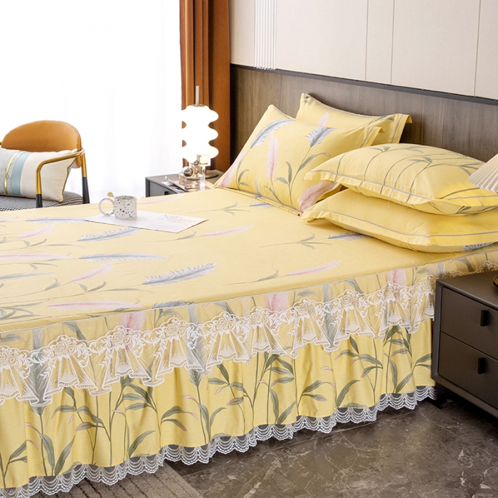 91家纺网 家纺一手货源 找家纺 纽缦 2022新款纯棉磨毛加厚系列-单床裙 浮梦-黄