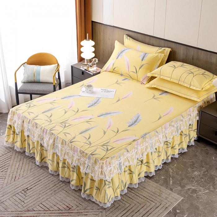 91家纺网 家纺一手货源 找家纺 纽缦 2022新款纯棉磨毛加厚系列-单床裙 浮梦-黄