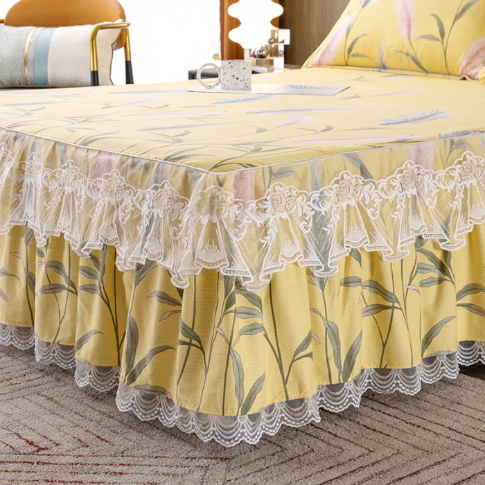 91家纺网 家纺一手货源 找家纺 纽缦 2022新款纯棉磨毛加厚系列-单床裙 浮梦-黄