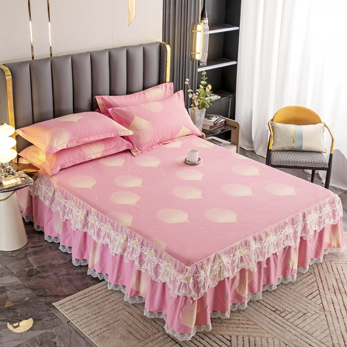 91家纺网 家纺一手货源 找家纺 纽缦 2022新款纯棉磨毛加厚系列-单床裙 叶语-粉