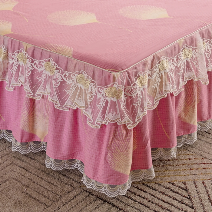 91家纺网 家纺一手货源 找家纺 纽缦 2022新款纯棉磨毛加厚系列-单床裙 叶语-粉