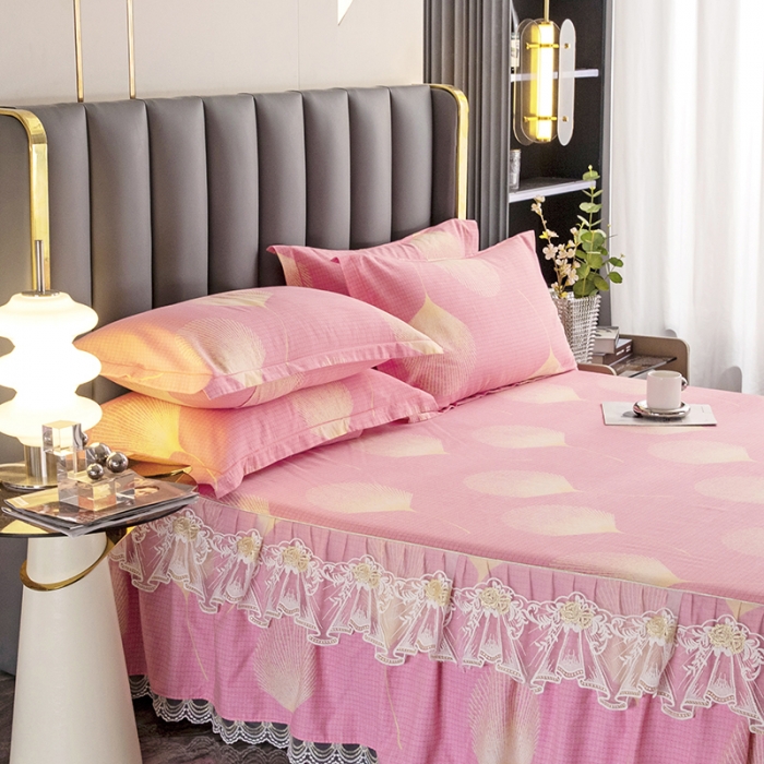 91家纺网 家纺一手货源 找家纺 纽缦 2022新款纯棉磨毛加厚系列-单床裙 叶语-粉