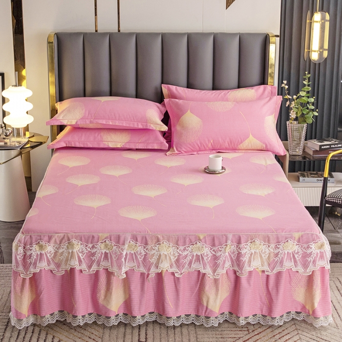 91家纺网 家纺一手货源 找家纺 纽缦 2022新款纯棉磨毛加厚系列-单床裙 叶语-粉