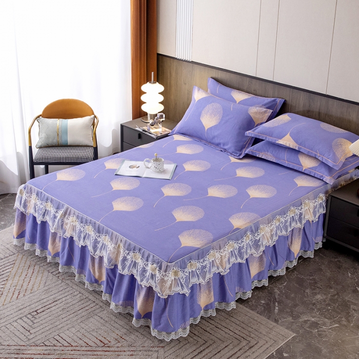 91家纺网 家纺一手货源 找家纺 纽缦 2022新款纯棉磨毛加厚系列-单床裙 叶语-紫