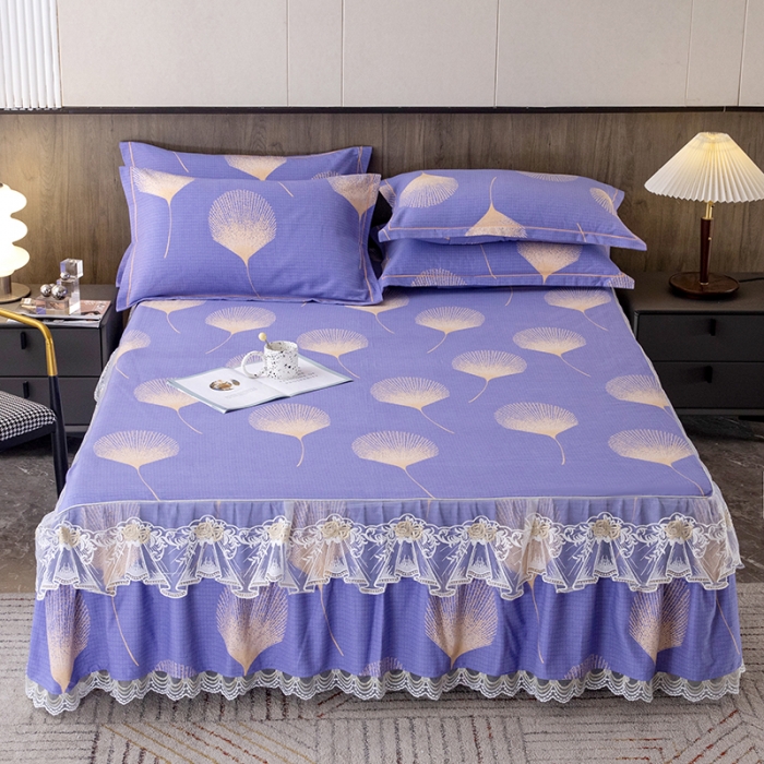 91家纺网 家纺一手货源 找家纺 纽缦 2022新款纯棉磨毛加厚系列-单床裙 叶语-紫