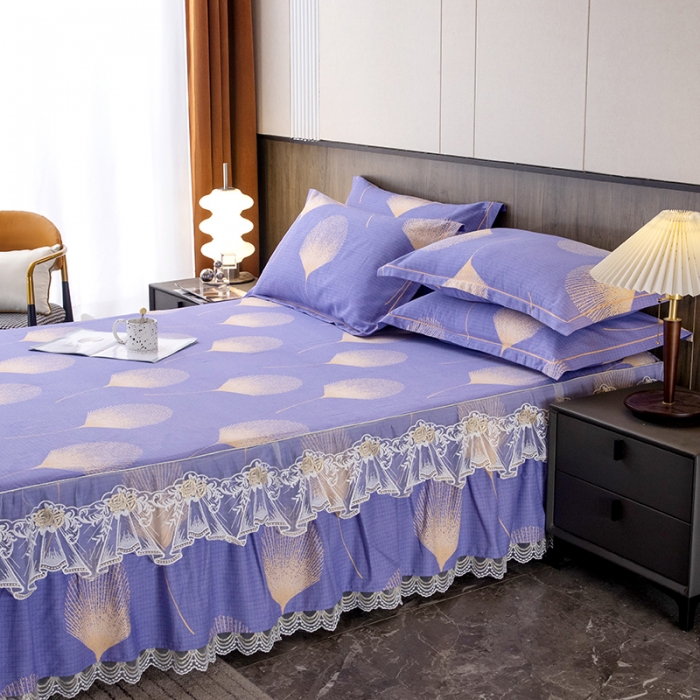 91家纺网 家纺一手货源 找家纺 纽缦 2022新款纯棉磨毛加厚系列-单床裙 叶语-紫