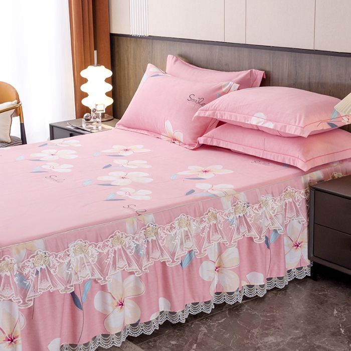 91家纺网 家纺一手货源 找家纺 纽缦 2022新款纯棉磨毛加厚系列-单床裙 语茉花开-粉