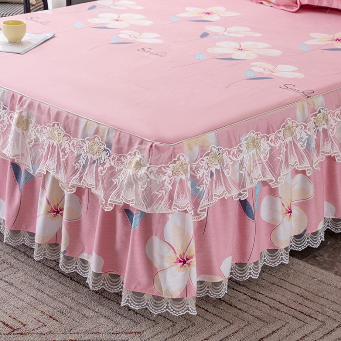 91家纺网 家纺一手货源 找家纺 纽缦 2022新款纯棉磨毛加厚系列-单床裙 语茉花开-粉