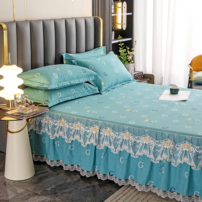 91家纺网 家纺一手货源 找家纺 纽缦 2022新款纯棉磨毛加厚系列-单床裙 字母恋曲-绿