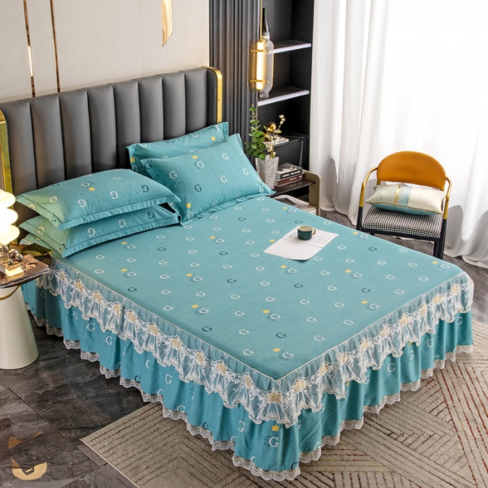 91家纺网 家纺一手货源 找家纺 纽缦 2022新款纯棉磨毛加厚系列-单床裙 字母恋曲-绿