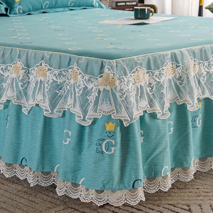 91家纺网 家纺一手货源 找家纺 纽缦 2022新款纯棉磨毛加厚系列-单床裙 字母恋曲-绿