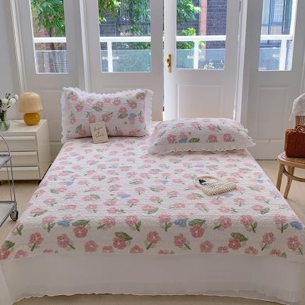 91家纺网 家纺一手货源 找家纺 （总）桃子新款ins韩版亲肤加厚牛奶绒雪纺花边床盖三件套