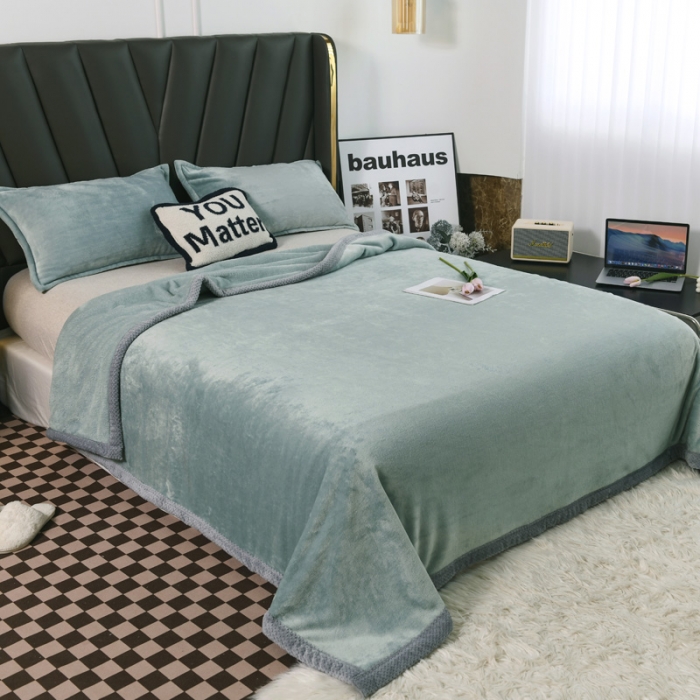 91家纺网 家纺一手货源 找家纺 雅萱  2024新款菠萝格牛奶绒包边毛毯 百合绿