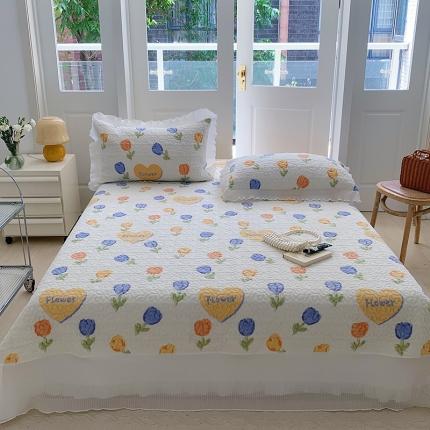 桃子ins韩版亲肤加厚牛奶绒雪纺花边床盖三件套 彩色郁金香