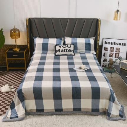 雅萱  2024新款菠萝格牛奶绒包边毛毯 蓝大格