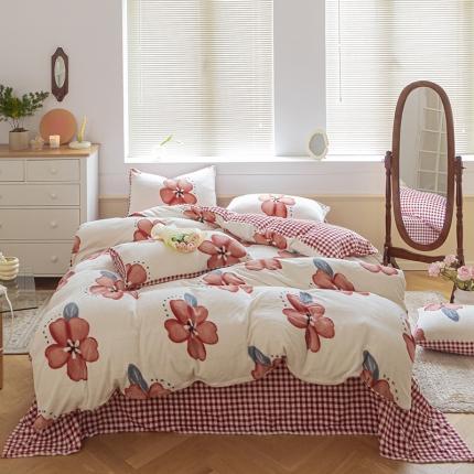 91家纺网 家纺一手货源 找家纺 桃子ins复古山茶花玫瑰花卉加厚牛奶绒系列四件套 绒-花姬