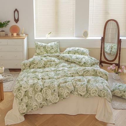 91家纺网 家纺一手货源 找家纺 桃子ins复古山茶花玫瑰花卉加厚牛奶绒系列四件套 绒-茉香山茶花-绿